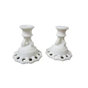 Vintage Milk Glass Candle Holders in Doric Lace by Westmoreland Glass 1960s